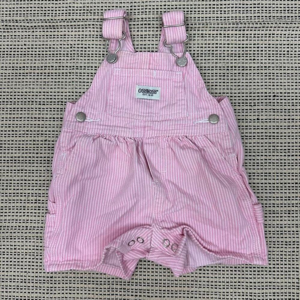 Vintage OshKosh Bgosh Baby Girls Pink White Striped Short Overalls 0/3m